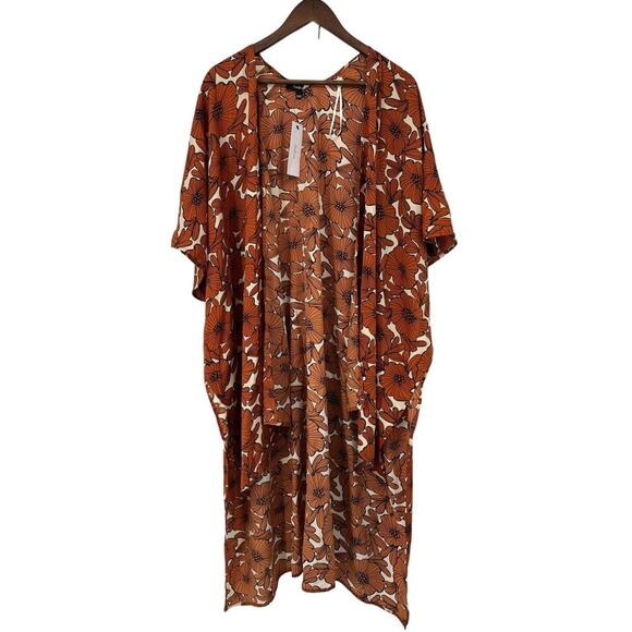 AaKaa Orange Floral Open Front Cardigan Kimono High Low Women's One Size NEW!!! - Picture 1 of 7